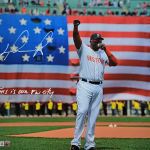David Ortiz Autographed Boston Red Sox 2013 Flag 16x20 Photo W/ This is Our F'N City Beckett Witnessed