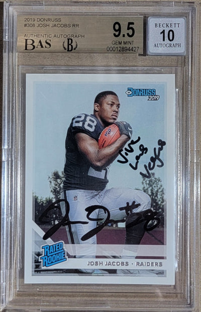 Josh Jacobs Autographed Oakland Raiders Encapsulated 2019 Donruss Rated Rookie Trading Card W/ Viva Las Vegas MINT 9.5 AUTO 10 Beckett Authenticated