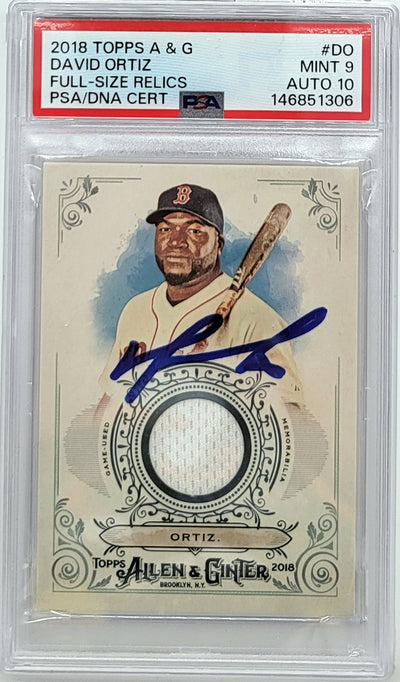 David Ortiz Autographed Boston Red Sox 2018 Topps Alan & Ginter Game Used Jersey Card PSA MINT 9 AUTO 10