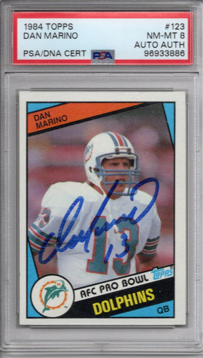 Dan Marino Autographed Miami Dolphins 1984 Topps Trading Card #123 PSA Graded Encapsulated 96933886