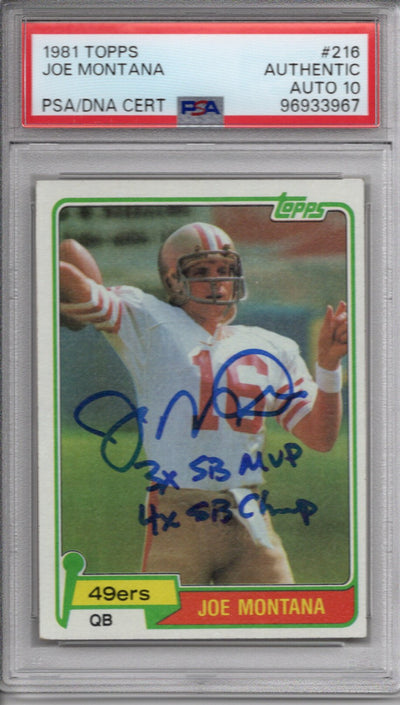 Joe Montana Autographed San Francisco 49ers 1981 Topps Trading Card #216 W/ 3X SB MVP 4X SB Champ PSA 96933967