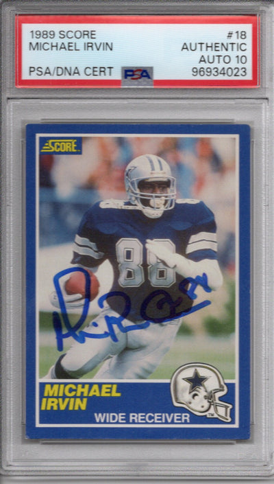 Michael Irvin Autographed Dallas Cowboys 1989 Score Trading Card #18 PSA Encapsulated 96934023