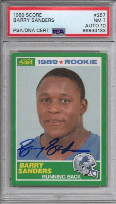 Barry Sanders Autographed Detroit Lions 1989 Score Trading Card #257 PSA Graded Encapsulated 96934133