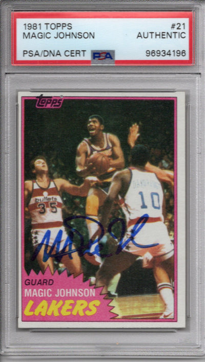 Magic Johnson Autographed Los Angeles Lakers 1981 Topps Trading Card #21 PSA Encapsulated 96934196