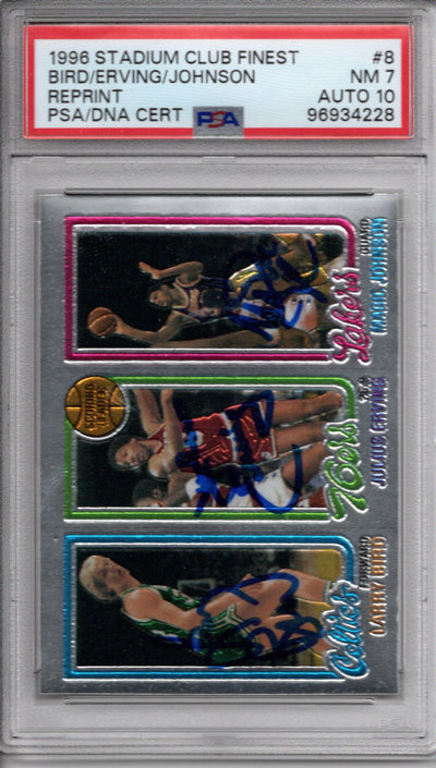 Larry Bird Julius Erving Magic Johnson Autographed 1996 Stadium Club Topps Finest Trading Card PSA 96934228