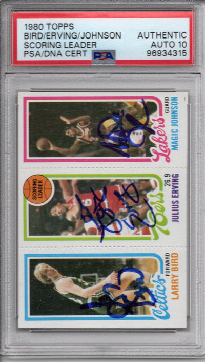 Larry Bird Julius Erving Magic Johnson Autographed Celtics 76ers Lakers 1980 Topps Trading Card PSA Graded Encapsulated 96934315