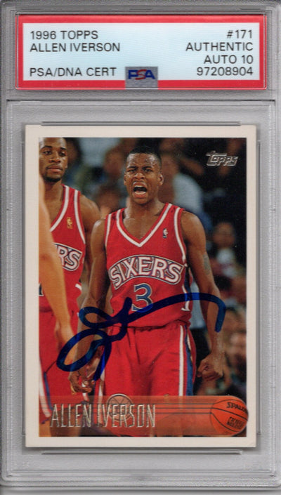 Allen Iverson Autographed Philadelphia 76ers 1996 Topps Trading Card #171 PSA Graded Encapsulated 97208904