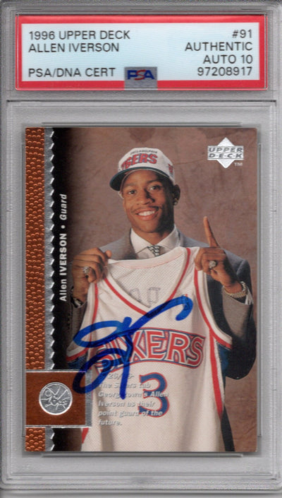 Allen Iverson Autographed Philadelphia 76ers 1996 Upper Deck Trading Card #91 PSA Authenticated Encapsulated 97208917