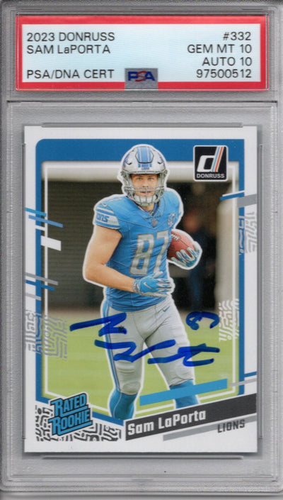 Sam LaPorta Autographed Detroit Lions 2023 Donruss Trading Card #332 PSA Graded Encapsulated 97500512