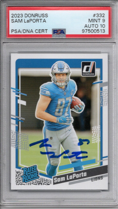 Sam LaPorta Autographed Detroit Lions 2023 Donruss Trading Card #332 PSA Graded Encapsulated 97500513