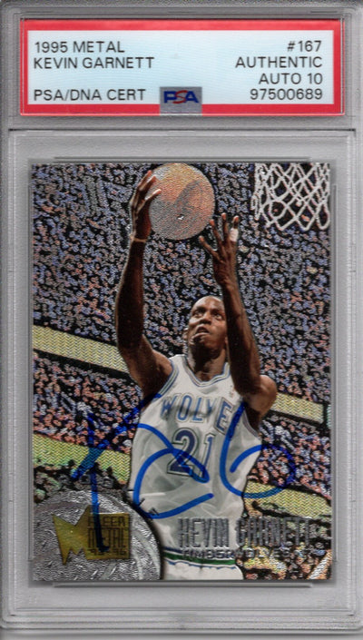 Kevin Garnett Autographed Minnesota Timberwolves 1995 Fleer Metal Trading Card #167 PSA Encapsulated 97500689