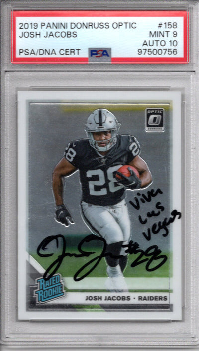 Josh Jacobs Autographed Las Vegas Raiders 2019 Panini Donruss Optic Trading Card #158 W/ Viva Las Vegas PSA Graded Encapsulated 97500756