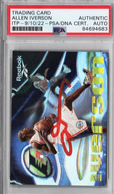 Allen Iverson Autographed 76ers Encapsulated 1997-98 Sky Box Reebok Trading Card PSA 84694683