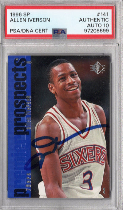 Allen Iverson Autographed Philadelphia 76ers 1996 Upper Deck SP #141 Rookie Card PSA AUTHENTIC AUTO 10