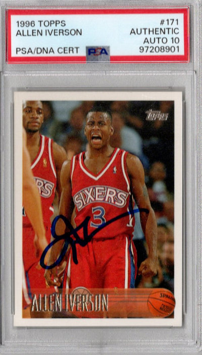 Allen Iverson Autographed Philadelphia 76ers 1996 Topps Rookie Card #171 PSA Graded AUTHENTIC AUTO 10