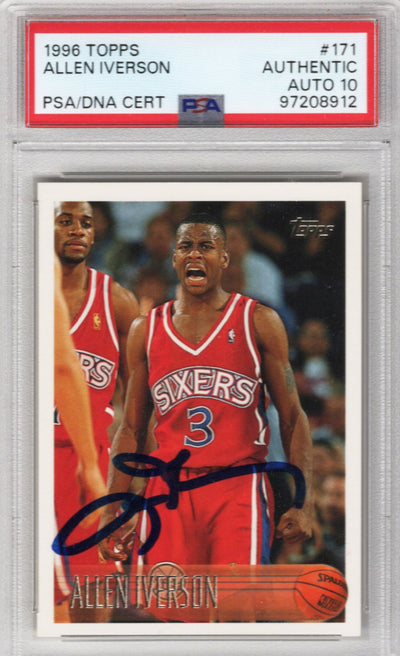 Allen Iverson Autographed Philadelphia 76ers 1996 Topps Rookie Card #171 PSA Graded AUTHENTIC AUTO 10