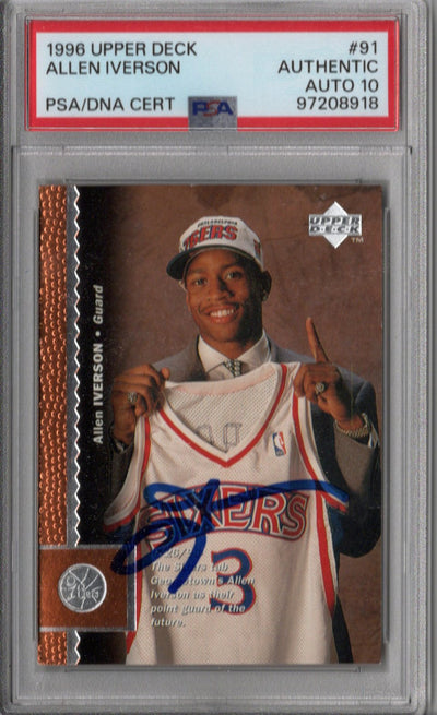 Allen Iverson Autographed Philadelphia 76ers 1996 Upper Deck Rookie Card #91 PSA Authenticated AUTO 10