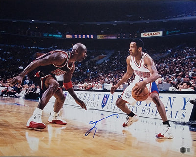 Allen Iverson vs. Jordan Autographed Philadelphia 76ers 16x20 Photo Beckett Witnessed