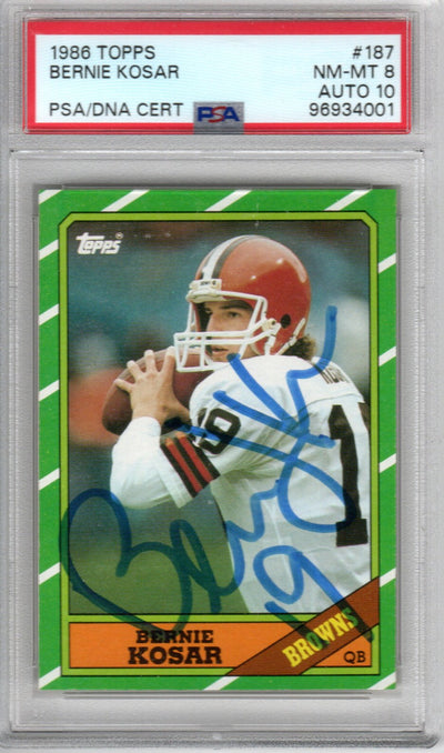 Bernie Kosar Autographad Cleveland Browns Topps 1986 Rookie Card #187 NM-MT 8 AUTO 10 PSA