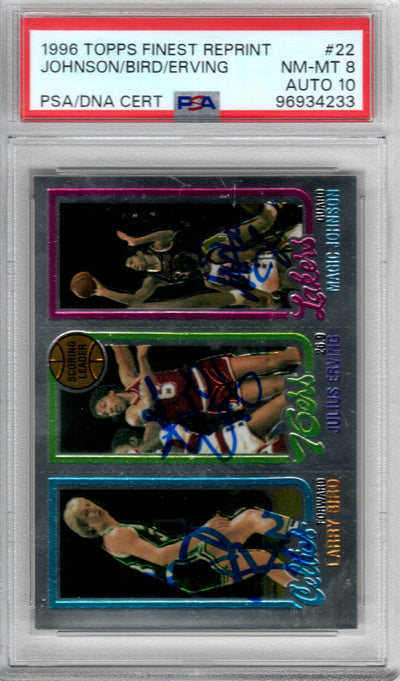 Larry Bird Julius Erving Magic Johnson Autographed 1996 Topps Finest REPRINT Rookie Card PSA NM-MT 8 AUTO 10