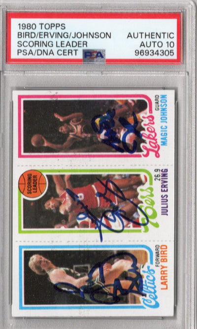 Larry Bird Julius Erving Magic Johnson Autographed Celtics 76ers Lakers 1980 Topps Rookie Card PSA Graded AUTHENTIC AUTO 10