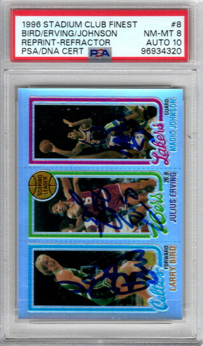 Larry Bird Julius Erving Magic Johnson Autographed 1996 Topps REPRINT REFRACTOR Rookie Card PSA NM-MT 8 AUTO 10