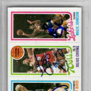 Larry Bird Julius Erving Magic Johnson Autographed Celtics 76ers Lakers 1980 Topps Rookie Card PSA Graded Encapsulated 96934302