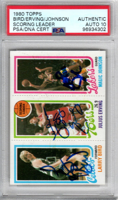 Larry Bird Julius Erving Magic Johnson Autographed Celtics 76ers Lakers 1980 Topps Rookie Card PSA Graded Encapsulated 96934302