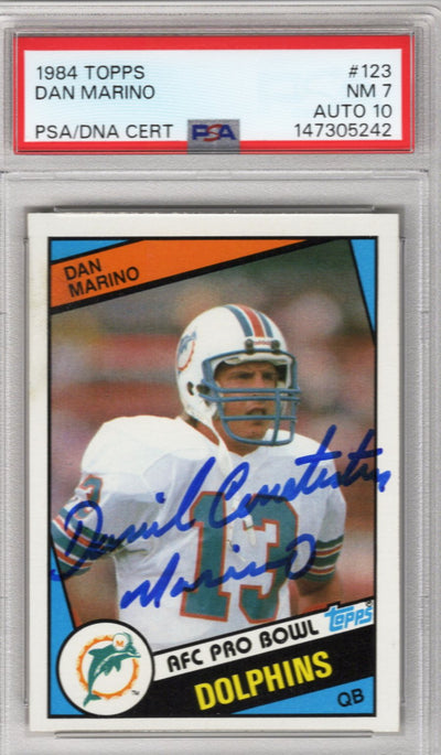 Dan Marino FULL NAME Autographed Miami Dolphins 1984 Topps #123 Rookie Card PSA NM 7 AUTO 10
