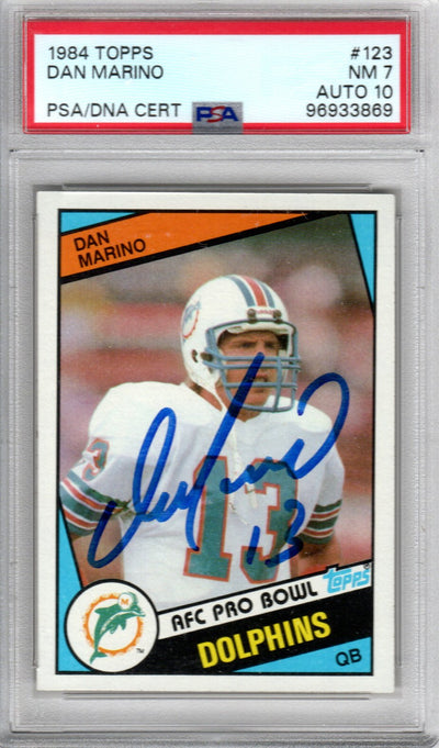 Dan Marino Autographed Miami Dolphins 1984 Topps #123 Rookie Card PSA Graded NM 7 AUTO 10