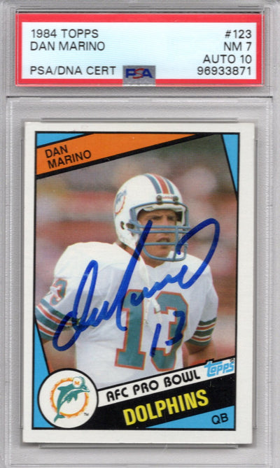 Dan Marino Autographed Miami Dolphins 1984 Topps #123 Rookie Card PSA Graded NM 7 AUTO 10