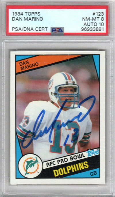 Dan Marino Autographed Miami Dolphins 1984 Topps Rookie Card #123 PSA Graded NM-MT 8 AUTO 10