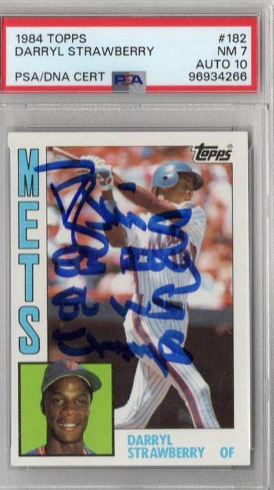 Darryl Strawberry Signed New York Mets 1984 Topps #182 Rookie Card '83 ROY 86 WS Champs PSA NM-7 Auto 10