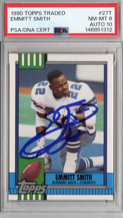 Emmitt Smith Signed 1990 Topps Traded #27T Cowboys Rookie Card PSA NM MT 8 Auto 10