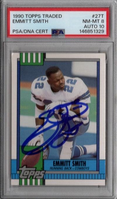 Emmitt Smith Signed 1990 Topps Traded #27T Cowboys Rookie Card – PSA NM MT 8 Auto 10