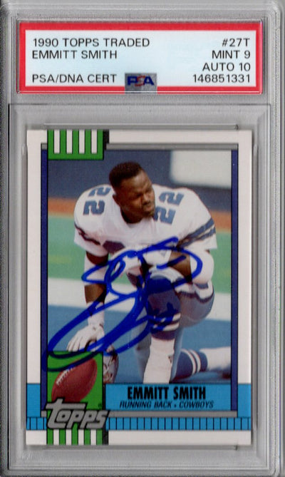 Emmitt Smith Signed 1990 Topps Traded #27T Cowboys Rookie Card – PSA Mint 9 Auto 10