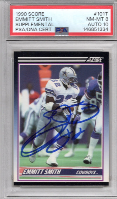 Emmitt Smith Signed 1990 Score #101T Cowboys Rookie Card – PSA NM/MT-8 Auto 10
