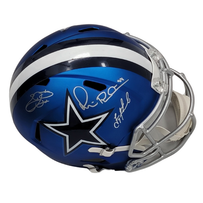 Troy Aikman Michael Irvin Emmitt Smith Autographed Dallas Cowboys Blaze Replica Helmet Fanatics Beckett
