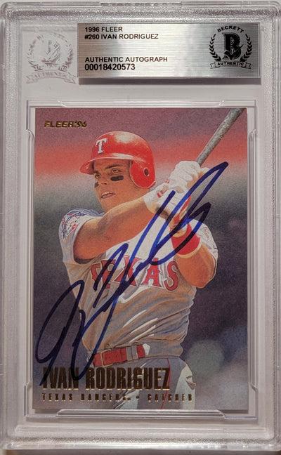 Ivan Rodriguez Autographed Texas Rangers 1996 Fleer #260 Trading Card Beckett Authenticated
