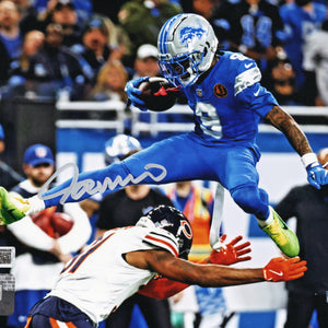 Jameson Williams Autographed Detroit Lions 2024 Blue Jersey Hurdle 8x10 Photo Beckett Witnessed