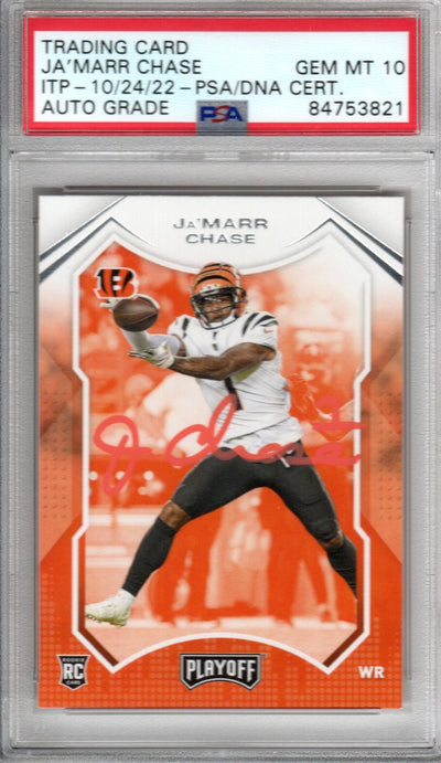 Ja'Marr Chase Cincinnati Bengals Autographed Encapsulated 2021 Panini Playoff No. 205 Rookie Trading Card GEM MT. 10 PSA ITP 84753821
