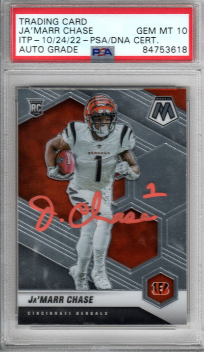 Ja'Marr Chase Cincinnati Bengals Autographed Encapsulated 2021 Panini Mosaic No. 307 Rookie Trading Card GEM MT. 10 PSA ITP 84753618