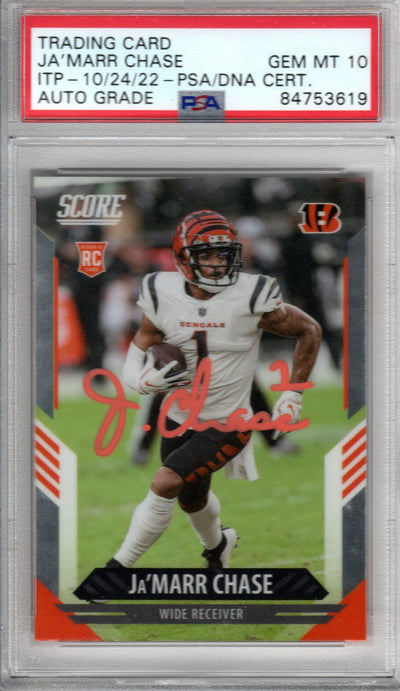 Ja'Marr Chase Cincinnati Bengals Autographed Encapsulated 2021 Panini Chronicles Score No. 412 Rookie Trading Card GEM MT. 10 PSA ITP 84753619