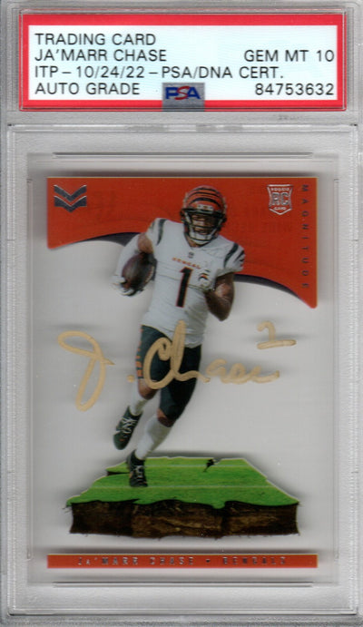 Ja'Marr Chase Cincinnati Bengals Autographed Encapsulated 2021 Panini Chronicles Stars & Stripes No. MAG-5 Rookie Trading Card GEM MT. 10 PSA ITP 84753632