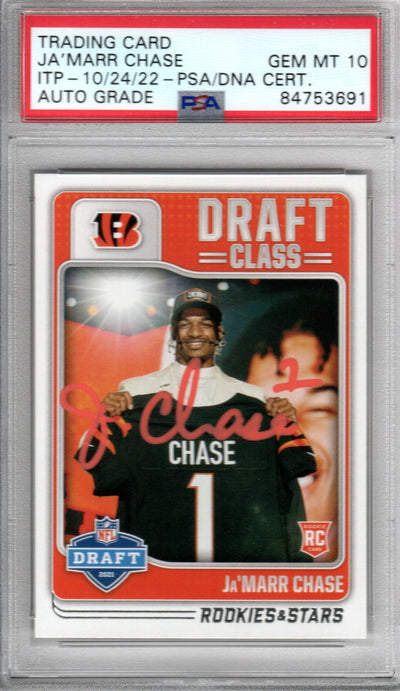 Ja'Marr Chase Cincinnati Bengals Autographed Encapsulated 2021 Panini Rookies & Stars No. DC-5 Rookie Trading Card GEM MT. 10 PSA ITP 84753691