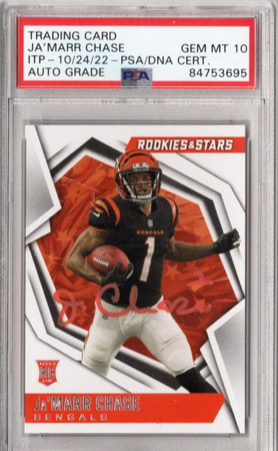 Ja'Marr Chase Cincinnati Bengals Autographed Encapsulated 2021 Panini Rookies & Stars No. 107 Rookie Trading Card AUTO GRADE GEM MT. 10 PSA ITP 84753695