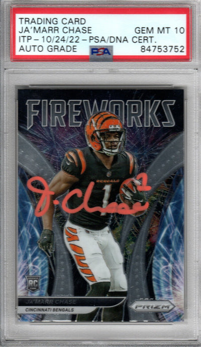 Ja'Marr Chase Cincinnati Bengals Autographed Encapsulated 2021 Panini Prizm No. F-11 Rookie Trading Card GEM MT. 10 PSA ITP 84753752