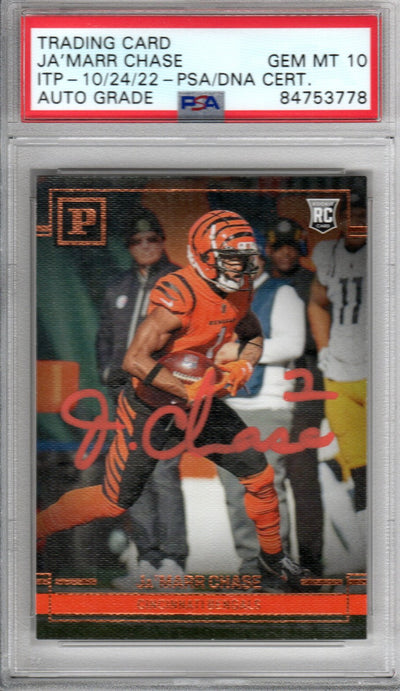 Ja'Marr Chase Cincinnati Bengals Autographed Encapsulated 2021 Panini Chronicles PA-24 Rookie Trading Card GEM MT. 10 PSA ITP 84753778