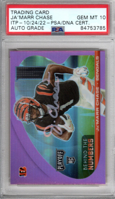 Ja'Marr Chase Cincinnati Bengals Autographed Encapsulated 2021 Panini Playoff No. BTN-JCH Rookie Trading Card GEM MT. 10 PSA ITP 84753785