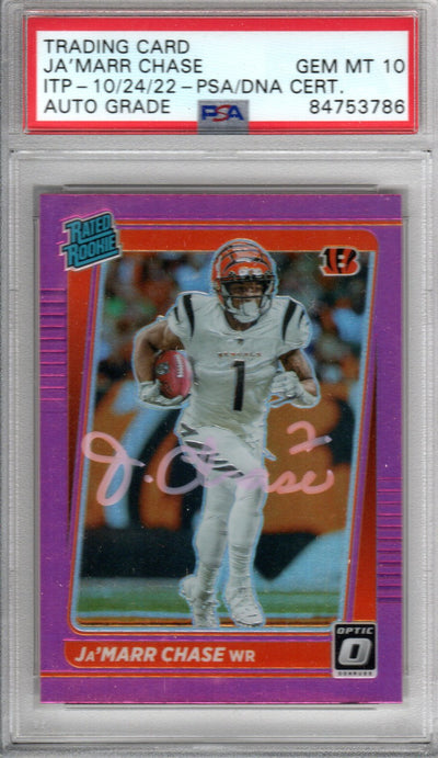 Ja'Marr Chase Autographed Cincinnati Bengals Encapsulated 2021 Panini Donruss No. P-262 Rookie Trading Card GEM MT 10 PSA ITP 84753786
